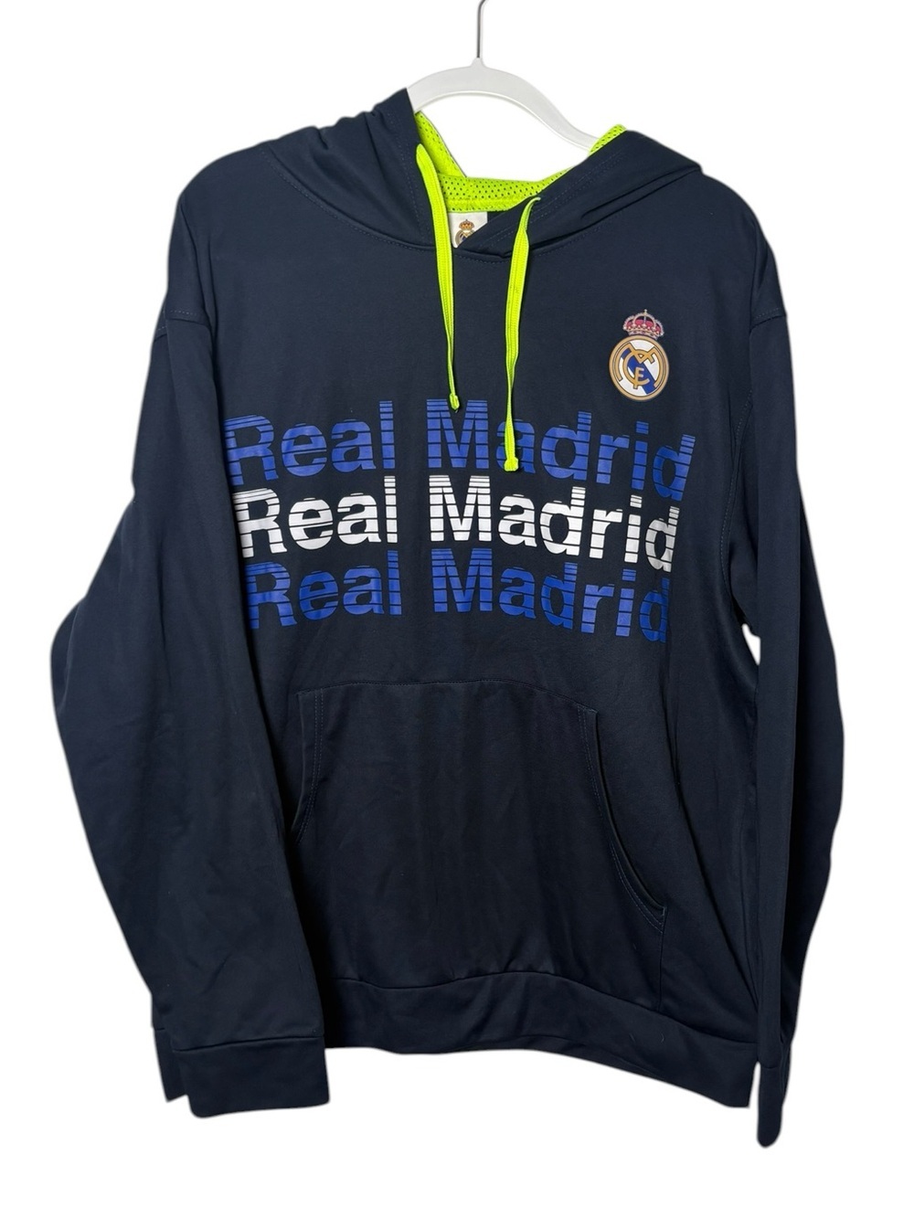 Real Madrid Hoodie Large Navy Blue Neon Green Soccer Football Pullover